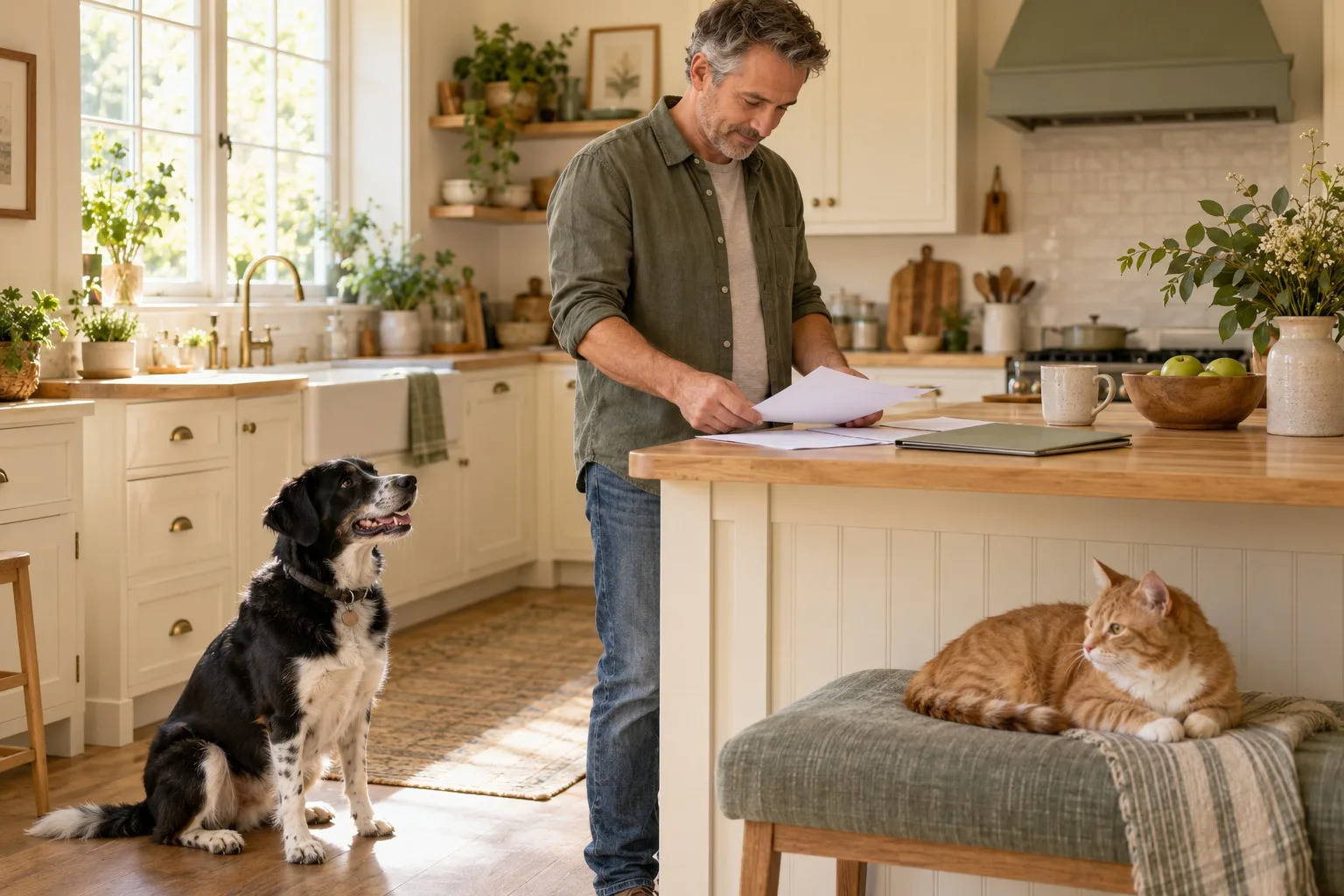 Owner standing at a kitchen counter with a dog and cat nearby